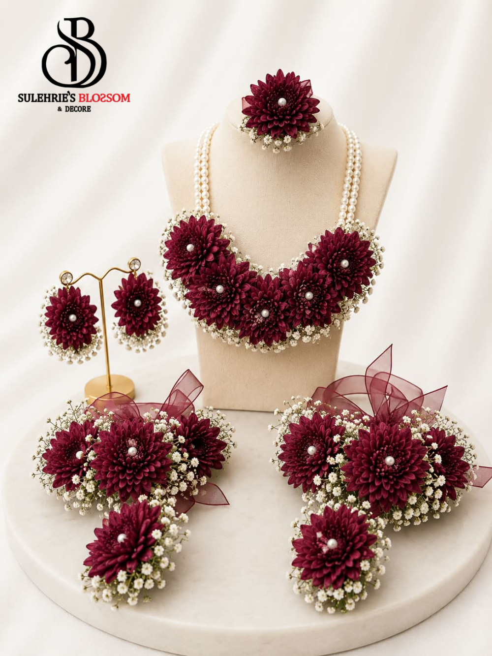 floral jewelry set Valencia – Royal Burgundy Chrysanthemum