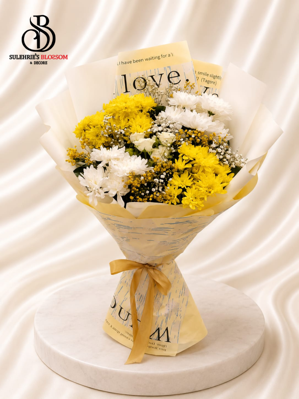 white flower bouquet in Lahore – Ivory Whisper Sunshine & Snow Bouquet